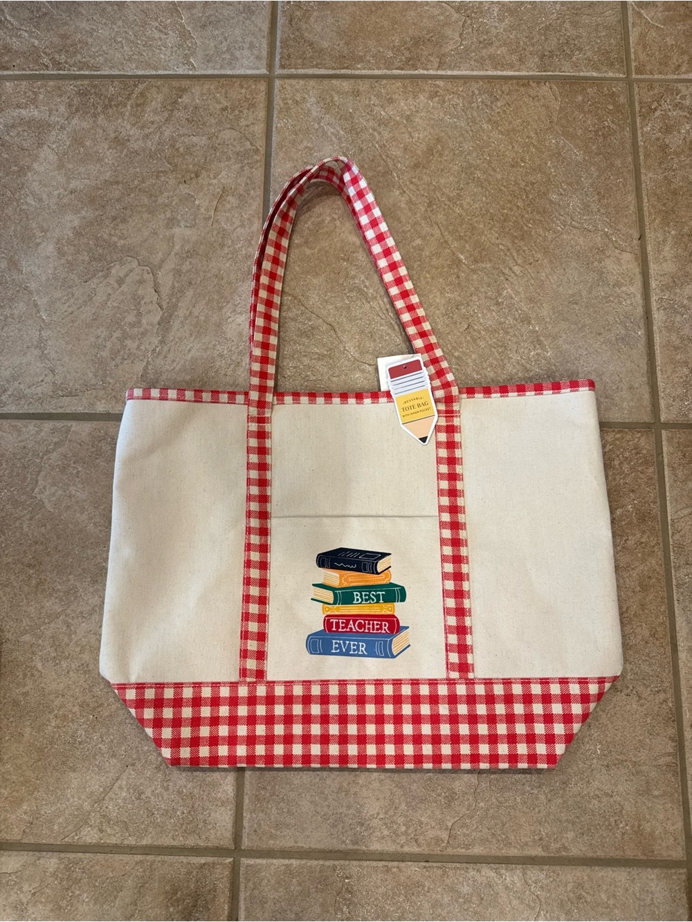 Canvas Teacher Tote Bag in Red Gingham